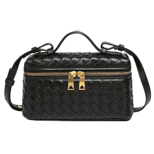 Image of Mini Woven Crossbody Purse Square Box Bags Top-Handle Tote Handbag Shoulder Bag Cute Satchels Trendy (Black-A)