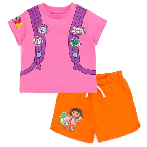 DORA Nickelodeon the Explorer Little Girls Cosplay T-Shirt and French Terry Shorts Outfit Set Pink/Orange 7-8