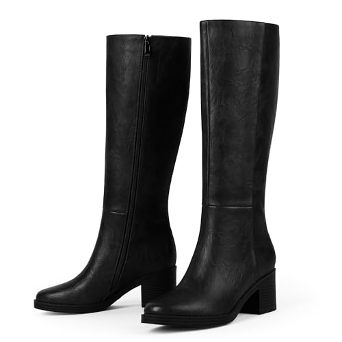Image of Easyfox Womens Knee High Boots Chunky Low Heel Round Toe Tall Long Boots | Balanced Low Block Heel, Roomy Round Toe, Anti-slip Rubber Outsole, Fashion Heeled Dressy Fall Winter Long Boots for Women