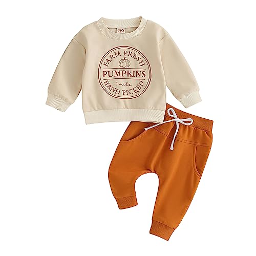 Toddler Baby Boy Halloween Clothes Pumpkin Patch Farm Outfit Crewneck Sweatshirt and Pants Vintage Outfits Sets, H Farm Presh Pumpkins Print, 6-12 Months