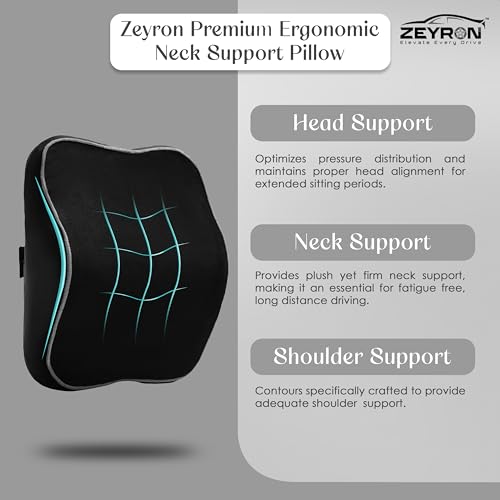 Image of Premium Car Neck Rest Pillow with 3-Year Warranty | Ergonomic Memory Foam Neck Pillow for Car | Exquisite Neck Rest with Elegant Packaging | Black with Grey Piping (Pack of 1)