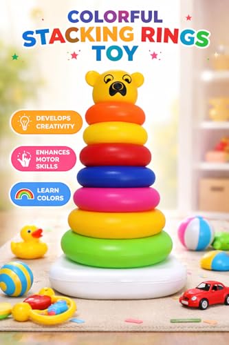Image of Pyramid 7 Ring Stacking Toy for Babies with Bear Topper | Colorful Rainbow Rings | Educational Learning Toy for Kids 1-3 Years | Includes 1 Stacking Base, 7 Rings, 1 Bear Topper