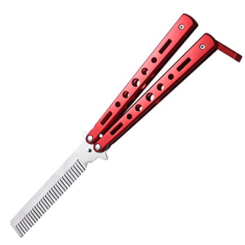 ARTIBETTER Butterfly Comb Folding Practice Training Comb Blade Comb Knife Trainer Steel Dull Knife for Home Outdoor Salon Red