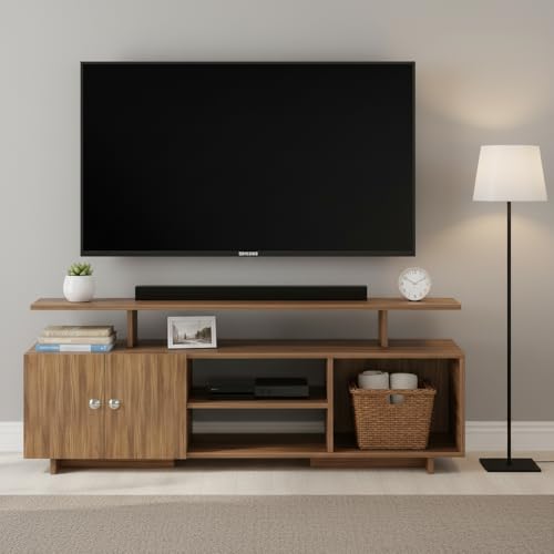 Image of FURNEASER Eskido Engineered Wood TV Entertainment Unit, Floor Standing TV Cabinet with Storage Shelves for Living Room, TV Stand for 32,43,50 & 55 Inch TV (Exotic Teak & White) (Exotic Teak)