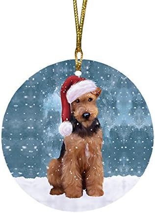 Santa Sled Dogs Airedale Christmas Round Flat Ornament - Pet Decorative Hanging Ornaments for Christmas X-mas Tree Decorations - 2.75" Round Flat Ceramic Christmas Ornament POR1543
