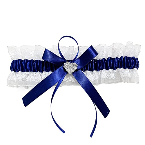 Yuemion Set Giarrettiera da Sposa, Giarrettiera con Strass a Forma di Cuore, Giarrettiera in Pizzo Bianco e Nastro Blu, Accessorio da Sposa Blu, Regalo Giarrettiera da Sposa