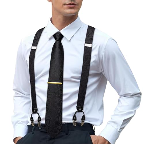 Image of Hi-Tie Men's Suspenders and Tie Set Silk Adjustable Elastic Y Braces with Strong 6 Clips Pocket Square Set