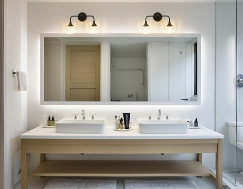 Image of Phansthy Bathroom Vanity Light Fixtures, Hardwired 2-Light Modern Sconces Wall Light Over Mirror with Clear Tulip Glass Shade for Bedroom Living Room Hallway Kitchen (Black + Clear Shade)