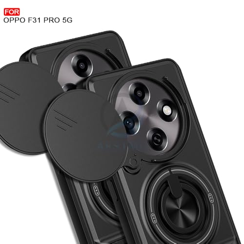 Image of AESTMO Oppo F31 Pro 5G Back Cover | Armor Camera Slider 360 Degree Rotating Finger Ring Holder Case with Bracket Stand Back Case Cover for Oppo F31 Pro 5G (Compatible with MagSafe Accessories) (Black)