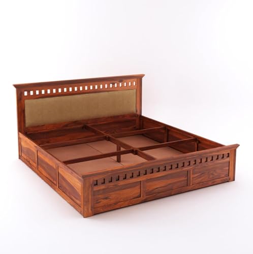 Image of Solid Sheesham Wood King Size Box Storage Bed Home | Wooden Double Bed Cot Palang for Living Room and Hotels (Cream and Honey) 1 Year Warranty
