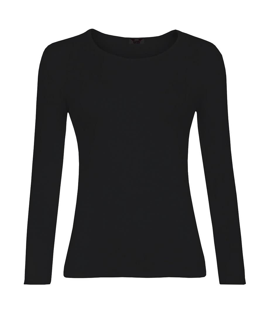 KATSSI Women’s Ladies Long Sleeve Stretch Plain Round Scoop Neck T Shirt Top XXXL Black