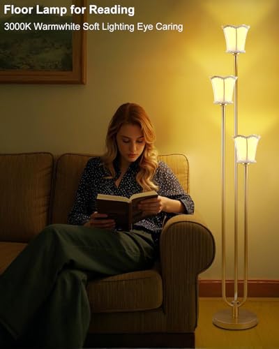 Image of Lightdot 63IN Gold Floor Lamp 3-Lights LED Floor Lamps with 3000K Soft Warm White for Wedding /Party, U-Pole with Fabric Lampshade Modern Tall Lamp for Living Room /Bedroom (Bulbs Included)