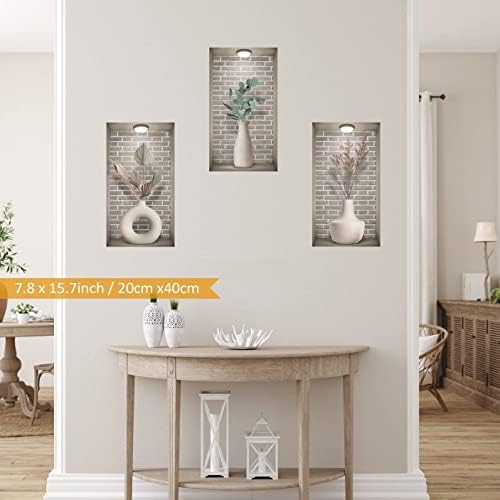 ANHUIB 3Pcs 3D Vase Wall Stickers for Living Room,3D Wall Art Stickers for Bedroom,Green Plant White Vase Wall Decals,Removable Green Leaf Wall Art for Kitchen Office Hallway Stairs Decoration 20×40CM