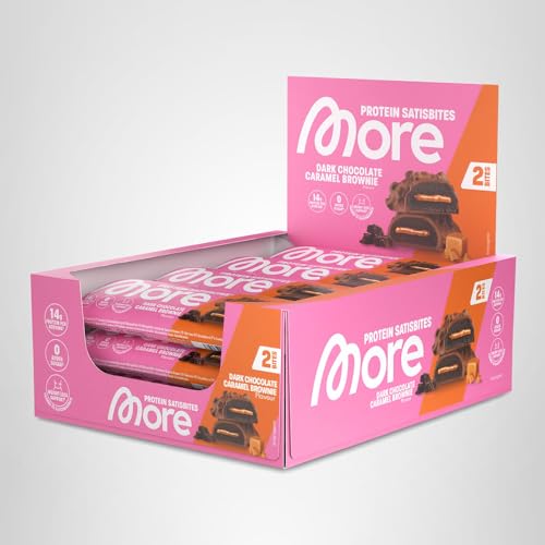 MORE Protein Satisbites, 12er Box Proteinriegel, 12 x 2 x 25 g, Dark Chocolate Caramel Brownie, bis zu 16 g Protein pro Portion, ohne Zuckerzusatz, made in Germany
