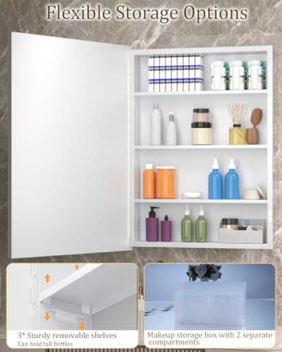Image of 20x30 Inch White Surface Mount or Recessed Medicine Cabinet with Mirror for Bathroom, Hand-Inlaid Glittering Shell Vanity Mirror with Storage for Bedroom, Entryway, 3 Removable Shelves and Organizer
