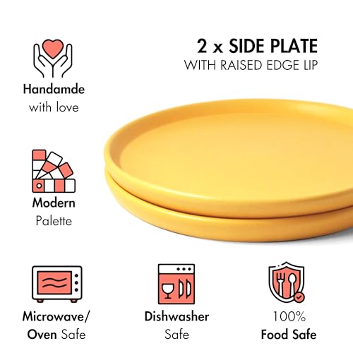 Image of Ceramic Qaurter Plates, 2 Pcs | Dessert Plate | Side Plate with Rim | Microwave, Oven Dishwasher Safe | Stoneware Set of 2 Quarter Plates | (Aamras Yellow, Side Plate)