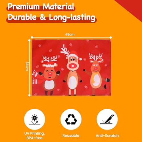 Image of Dining Table Mats Set of 2 - Reindeer Christmas Theme,Digital Print, Washable, Indoor /Outdoor, Heat-Proof, Water Resistant, Wipe & Clean (47X33 cm) Red