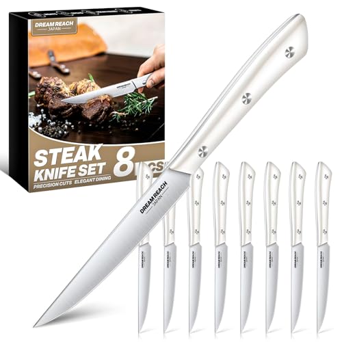 Dream Reach Steakmesser Set 8-Teilig, Extra Scharfes Steakbesteck aus Hochwertige Edelstahl, Full Tang Steak Messer, Spülmaschinengeeignet Geschenke...