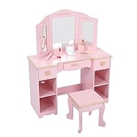 Gaderth Girls Vanity Table and Chair Set - Wooden Kids Princess Dressing Table with Tri-Folding Mirror, 3 Drawers & Large Storage Shelves, Toddler Makeup Desk for Ages 3-9, Pink