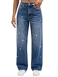 Wanduyini Rhinestone Straight Leg Jeans for Women Teen Girls Bling Loose Fit Denim Pants for Party Music Festival (Mid Blue, S)