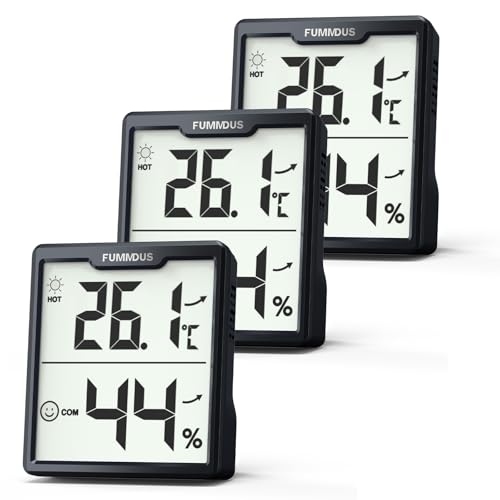 FUMMDUS 3 Stück Digital Thermometer Hygrometer Innen mit Batterien AAA Temperatur und Luftfeuchtigkeitsmesser Innen mit Komfort Symbol Raumklima Messgerät für Gewächshaus Weinkeller (Schwarz)
