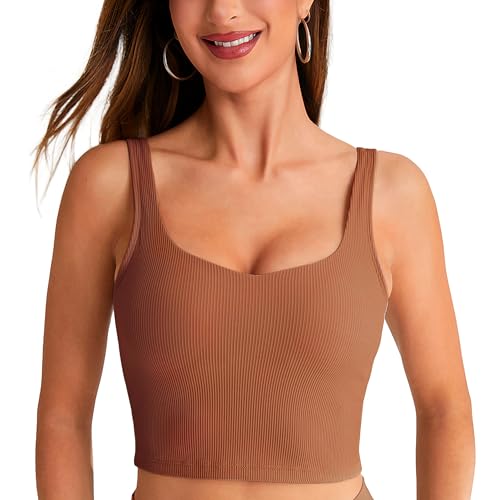 BAYDI Reggiseno sportivo da donna, senza buegel, linea lunga, imbottito, crop top a coste, yoga, fitness, morbido reggiseno con coppe rimovibili, Marrone caffè, L