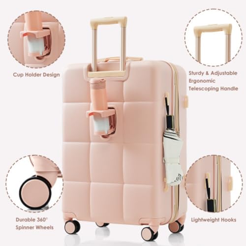 3-Piece Luggage Set, Including 20-inch Front-Loading Carry-on Suitcase, 28-inch Expandable Suitcase and Expandable Travel Bag, USB Port, ABS Material, Cup Holder, Built-in Luggage Hook, Pink3