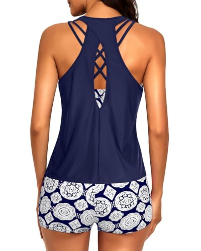 Image of Tempt Me 3 Piece Tankini Swimsuits for Women Athletic Bathing Suits Swim Tank Top with Boy Shorts and Bra Modest Swimwear