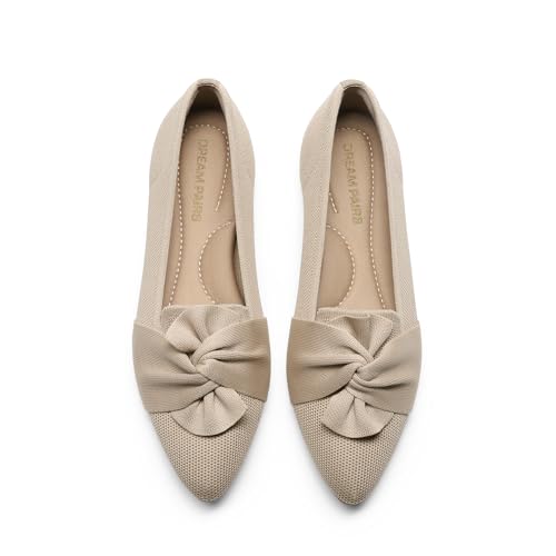 DREAM PAIRS Flats for Women Pointed Toe Foldable Knit Ballet Flats Comfortable Slip-On Dress Shoes Elegant Bow Flats for Work Office Business Casual Travel 6 Nude