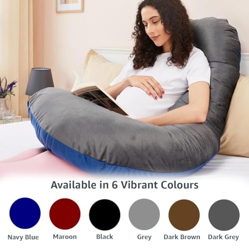 Image of Amazon Basics Velvet Full Body Pregnancy Pillow for Maternity,Baby Nursing,Full Body Support|Perfect Baby Shower Gift|J-Shaped-Washable Cover with Zip-Blue & Grey