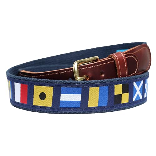 Nautical Signal Code Flag Men’s Leather Tab Belt with Sewn on Tabs – Preppy Style Made in USA