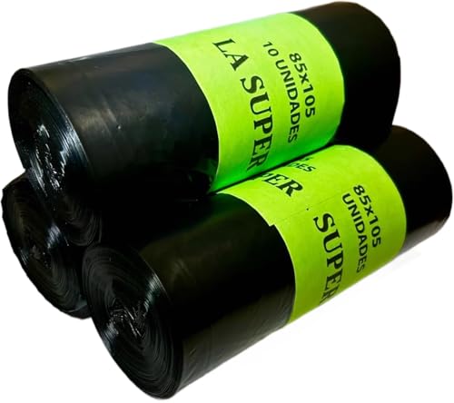 Bolsas de basura 100L La Super (30 bolsas)-Pack 3 rollos 85x105 cm negras, ultraresistentes (galga 120), reforzadas y de gran capacidad. Para cubos industriales o comunitarios (S-100L)
