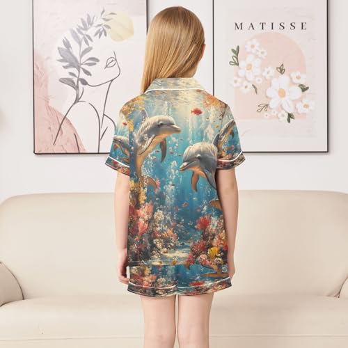 ALAZA Dolphin Beautiful Coral Reef Satin Pajamas Set Short Sleeve Button Down Sleepwear Summer Pjs 2 Piece4