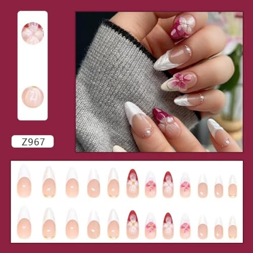 Image of Flower Press on Nails White French Tip Fake Nails Medium Almond False Nails with Pearl Design 5D Floral Glue on Nails Glossy Artificial Acrylic Full Cover Spring Stick on Nail for Women Manicure