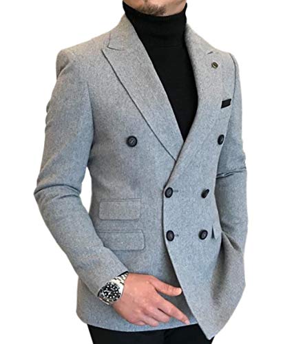 Mens Suit One Piece Jacket Casual Peak Lapel Wool Tweed Solid Tuxedos Blazer for Wedding Groom(Silver,38US)
