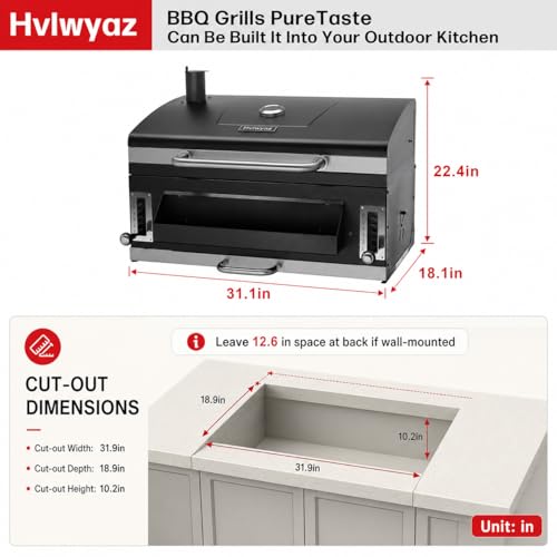 Image of Built-in Charcoal Grill, Large BBQ Grills with Liftable Tray, Insulated Hood & Temp Gauge, Black Stainless Steel Barrel Grill for Outdoor Kitchen, Family BBQ Parties & Patio Use