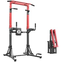 DlandHome Foldable Power Tower Pull Up Bar Station, Strength Training Fitness Equipment, Multi-Function Adjustable Height Pull Up Dip Station for Home Gym Workout, Pull Up Stand, Black & Red