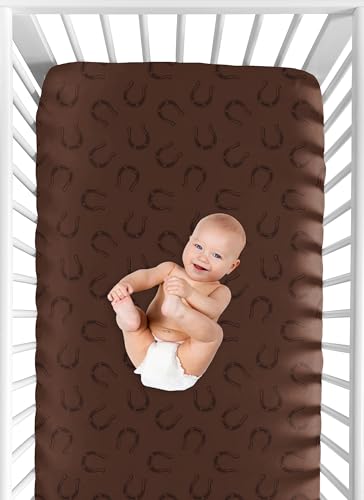 Image of Sweet Jojo Designs Fitted Baby Crib Sheets (Horseshoe Print) for Boys or Girls, Infant Nursery, Toddler Room - Standard Size (Brown for the Western, Cowboy, Southern, Country, Wild West Collection)