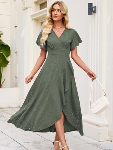 Image of Long Black Formal Dresses for Women Gowns Evening Party Cocktail Dress,Split Elegant V Neck Wrap Ruffle Wedding Guest Dresses