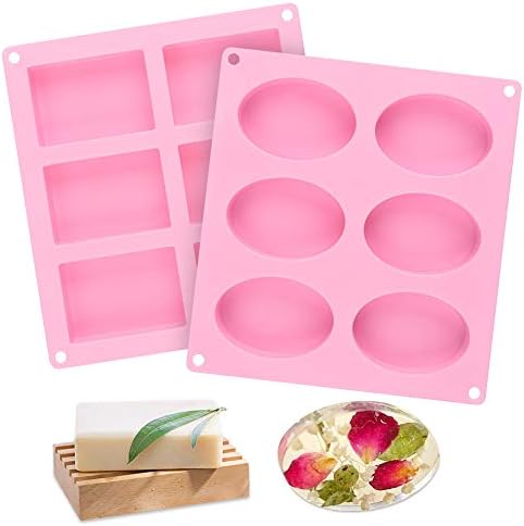 2 Pcs SJ Silicone Soap Molds, Rectangle & Oval, 6-Cavity Silicone Molds for Pudding, Muffin, Loaf, Brownie, Cornbread, and Cheesecake, Loaf Soap Molds, Nonstick & BPA free (Pink)