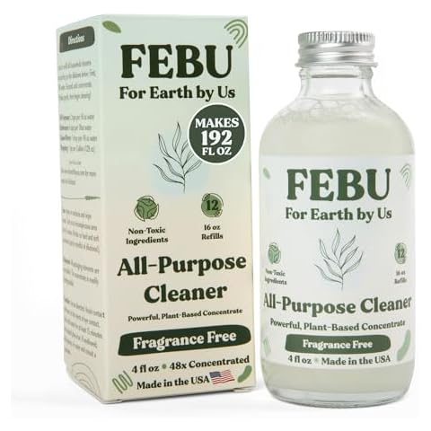 FEBU All Purpose Cleaner, Fragrance Free, 4oz | Powerful Natural Cleaner Concentrate With Essential Oils | Makes 192 Fl Oz of Multipurpose Spray | Plant-Based, Human Safe Ingredients | Plastic Free Cover