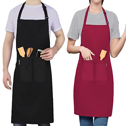 LEFUNDA® Delantal de Cocina de 2 Piezas Impermeable con 3 Bolsillos Ajustable, Delantal de Barbacoa con Correas Largas, Delantal de Cocina para Hombres y Mujeres, Cocinar, Restaurante, Café, Hornear