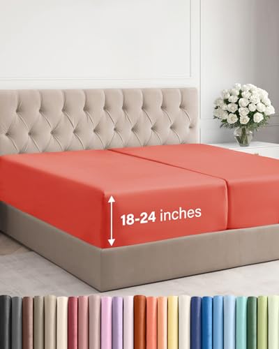 Image of Extra Deep Split King Fitted Sheet - Single Fitted Sheet Only - Coral | Easily Fits 18 inch to 24 inch Mattress, Soft, Wrinkle Free, Breathable & Comfy, Extra Deep Pockets Hotel Luxury Fitted Sheet