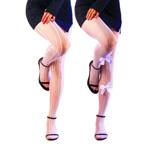 Image of Lace Fishnet Tights Bow Transparent Mesh Pantyhose for Women White 2 Pairs