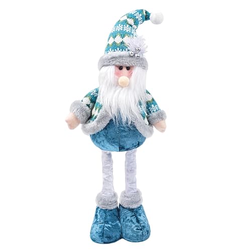 JIAHG Christmas Santa Snowman Reindeer Figure with Telescopic Legs, Blue Nordic Santa Claus Standing Ornaments Plush Figurines Xmas Décor for Mantel Table Shelf Window Office Decorations