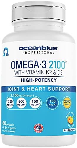 Oceanblue Omega-3 2100 with Vitamin K2 and D3 – 60 ct – Triple Strength Burpless Fish Oil Supplement with High-Potency EPA and DHA, and Vitamin K2 and Vitamin D3 – Orange (30 Servings)