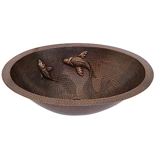 Premier Copper Products LO19FKOIDB 19 Inch Oval Under Counter Hammered Copper Bathroom Sink with Koi Fish Design