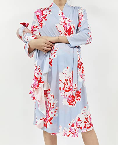 Image of SUFEINI Maternity Robe and Matching Baby Swaddle Blanket Set, Mommy Robe with Receiving Blanket Girls Boys Sleepwear