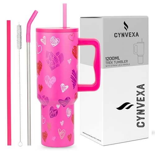 Image of CYNVEXA Tumbler with lid and Straw 1200ML Cup Stainless Steel Vacuum Insulated Tumbler for Water, Iced Tea or Coffee 1.2L Office Gym Travelling (Dark Pink Heart)