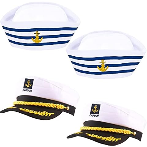 SGBETTER 4 Pieces Captain Hat White Blue Yacht Sailor Marine Navy Admiral Hats for Halloween Cruise Line Nautical Theme Party Cosplay Dress up Costume Accessory Cover